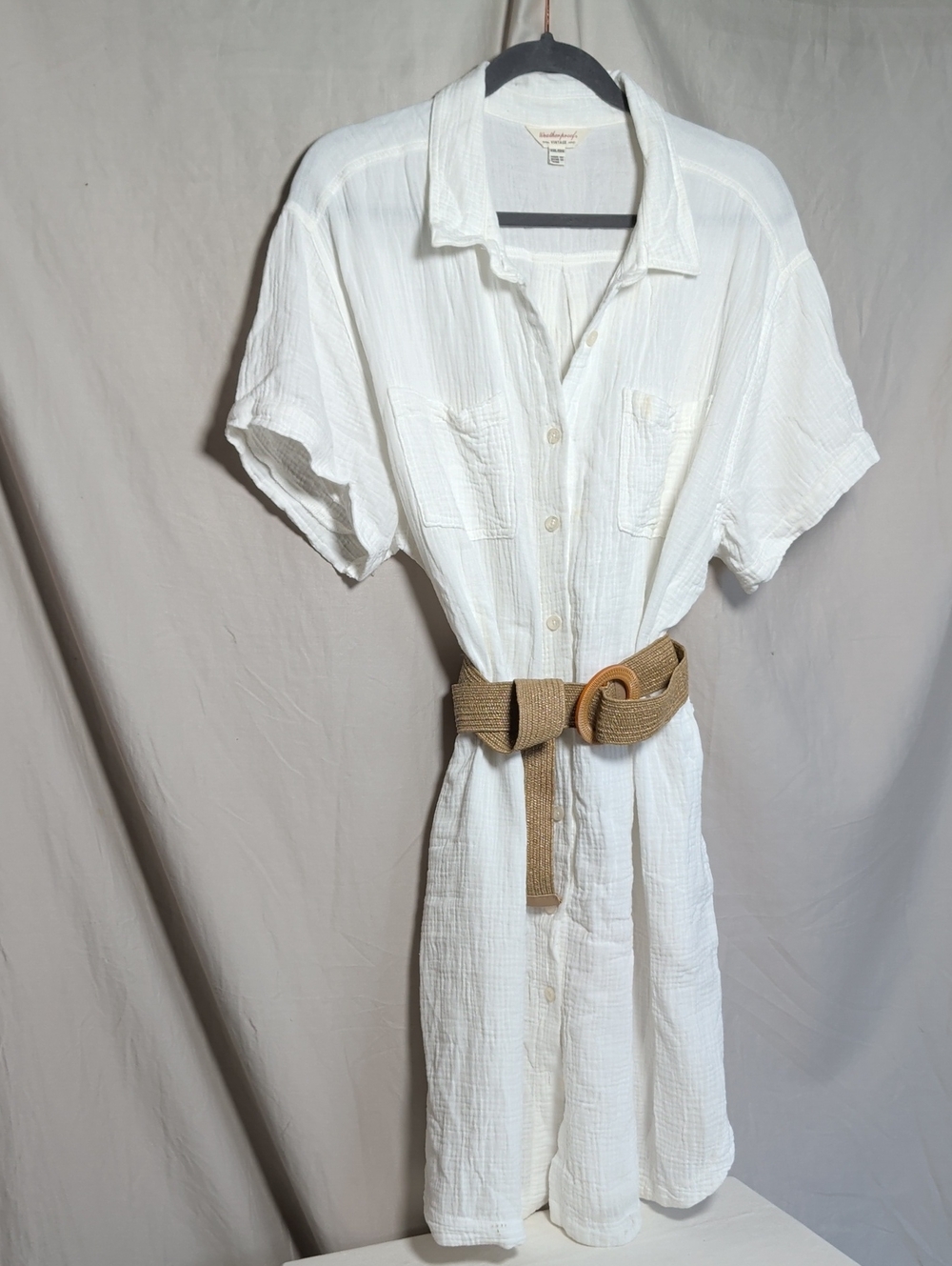 Weatherproof White Cotton Dress with Tan Woven Belt Cool Vacation Beach Wear